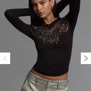 Anthropologie Black Long Sleeve Beaded Appliqué Top XXS